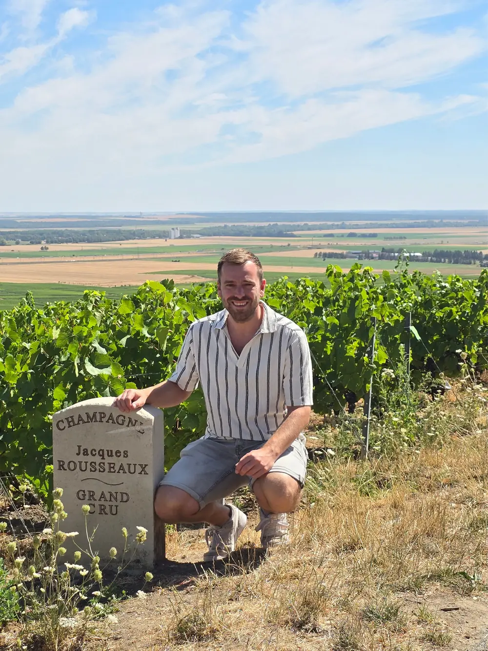 Daan Gort, vinoloog van Define Wine, tussen de wijnstokken in een wijngaard